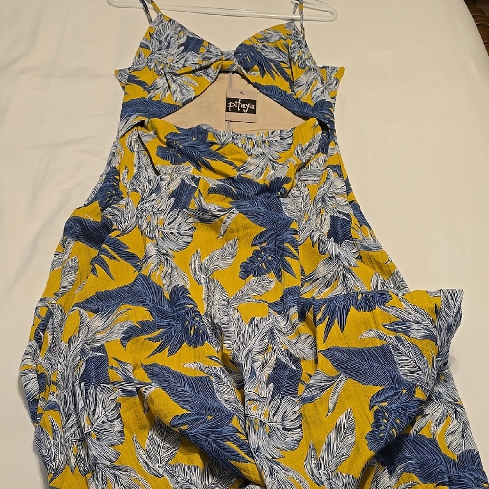 Yellow and Blue Leaf Print Maxi  Dress